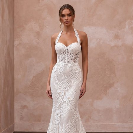 Ivory Guipure Lace Halter Neck Mermaid Gown for Tropical Vows