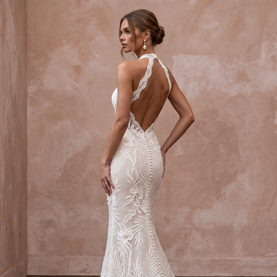 Ivory Guipure Lace Halter Neck Mermaid Gown for Tropical Vows