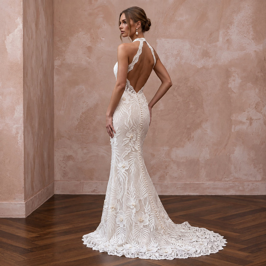 Ivory Guipure Lace Halter Neck Mermaid Gown for Tropical Vows