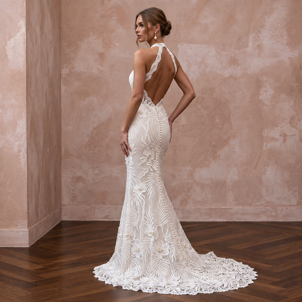 Ivory Guipure Lace Halter Neck Mermaid Gown for Tropical Vows