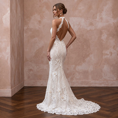 Ivory Guipure Lace Halter Neck Mermaid Gown for Tropical Vows