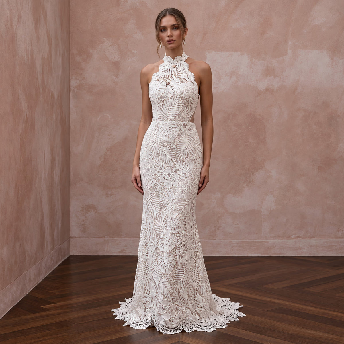 Ivory Guipure Lace Halter Neck Sheath Dress for Tropical Destination - Apparel & Accessories > Clothing > Wedding & Bridal Party Dresses > Wedding Dresses - Mignonette Bridal Main image