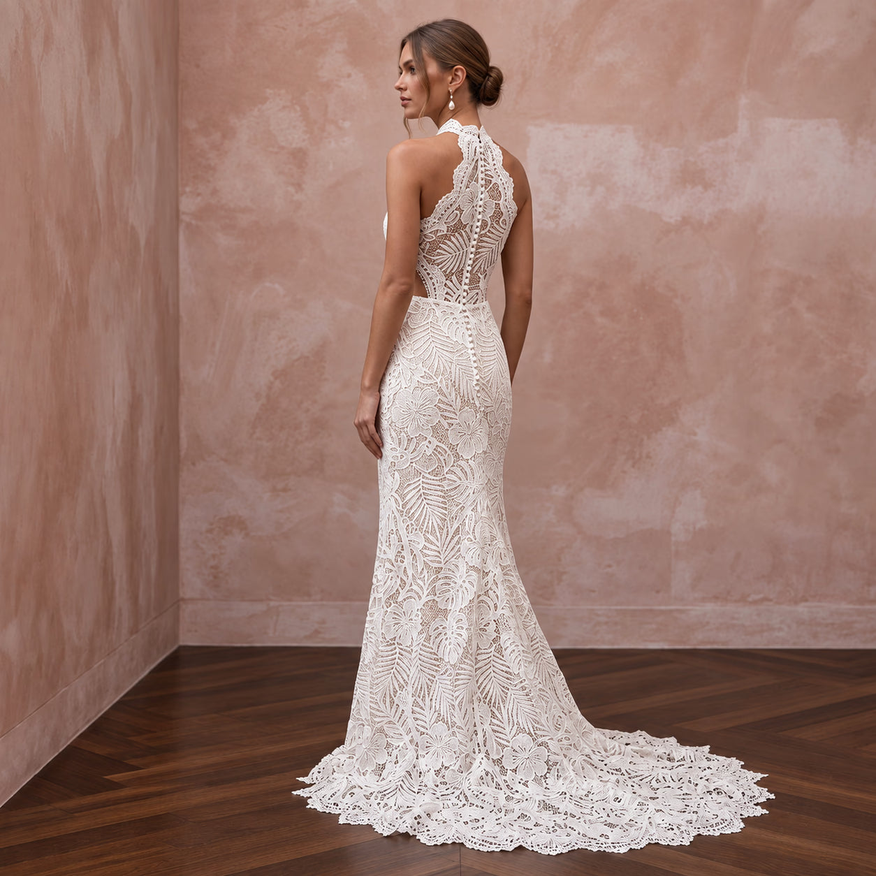 Ivory Guipure Lace Halter Neck Sheath Dress for Tropical Destination Secondary image