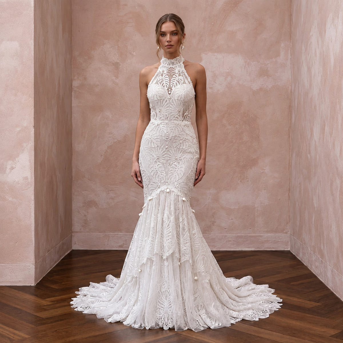 Ivory Guipure Lace High Neck Halter Mermaid Dress for Tropical Vows Main image