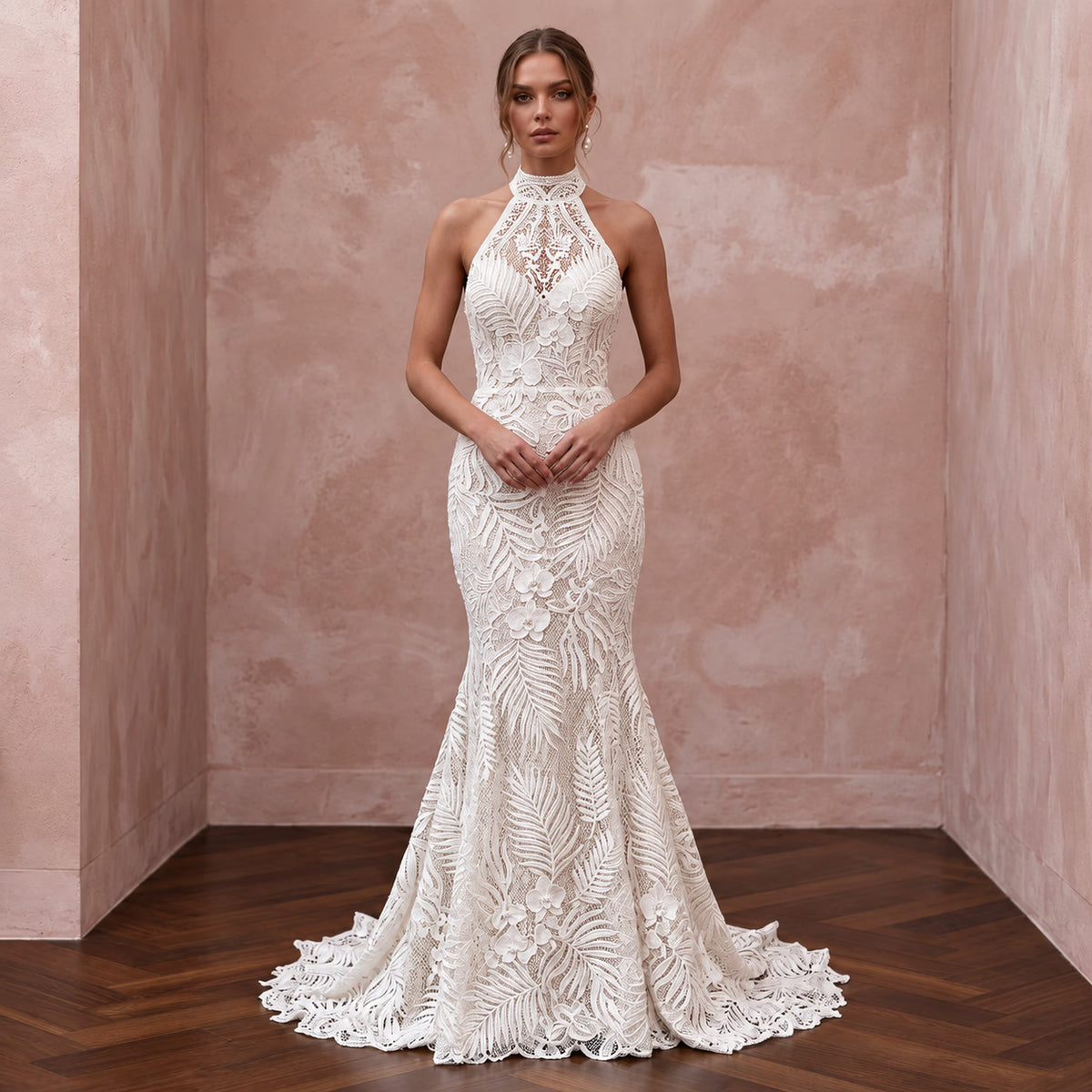 Ivory Guipure Lace High Neck Halter Mermaid Dress for Tropical Vows Main image