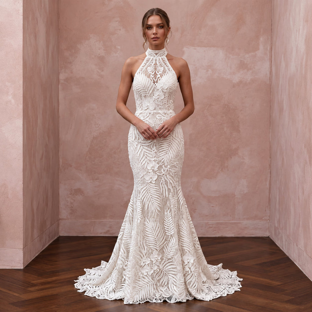 Ivory Guipure Lace High Neck Halter Mermaid Dress for Tropical Vows