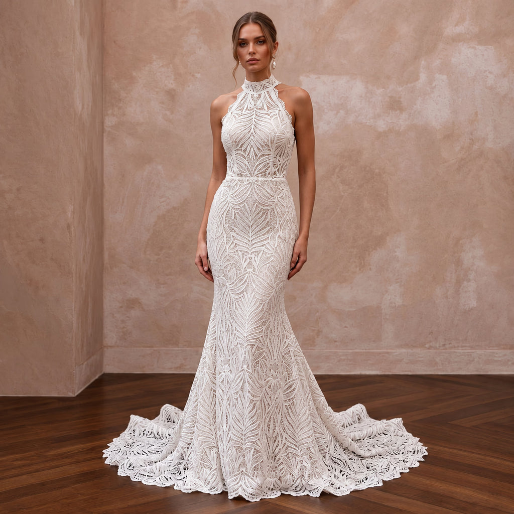 Ivory Guipure Lace High Neck Halter Mermaid Dress for Tropical Vows