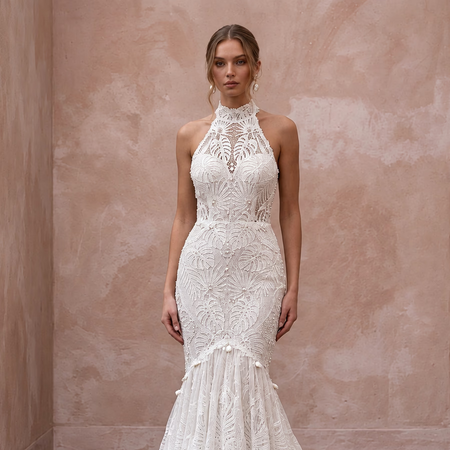 Ivory Guipure Lace High Neck Halter Mermaid Dress for Tropical Vows