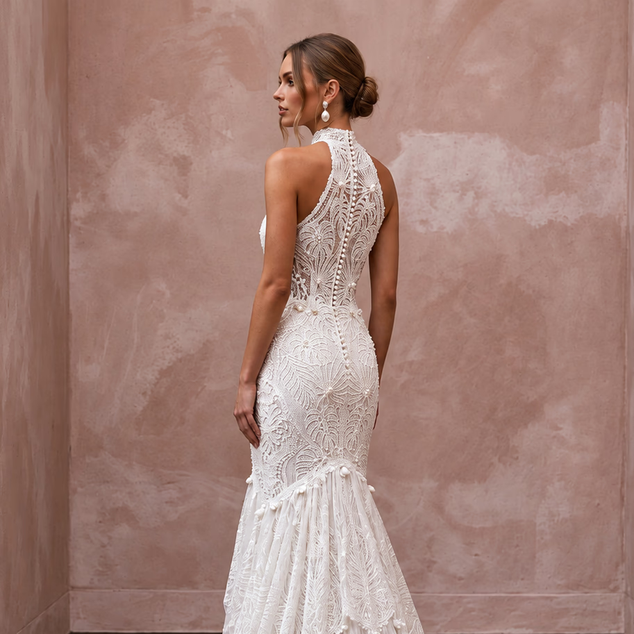 Ivory Guipure Lace High Neck Halter Mermaid Dress for Tropical Vows
