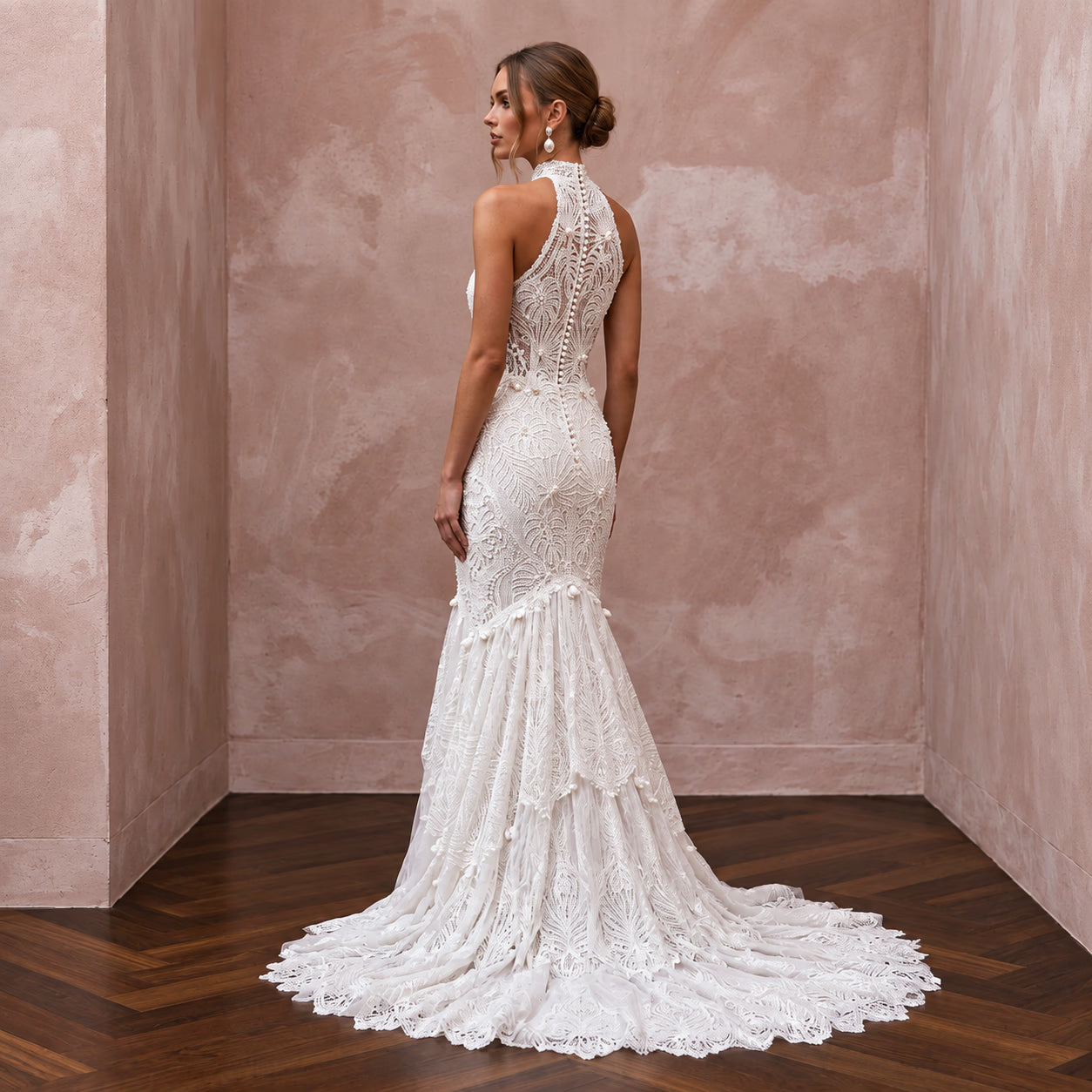 Ivory Guipure Lace High Neck Halter Mermaid Dress for Tropical Vows Secondary image