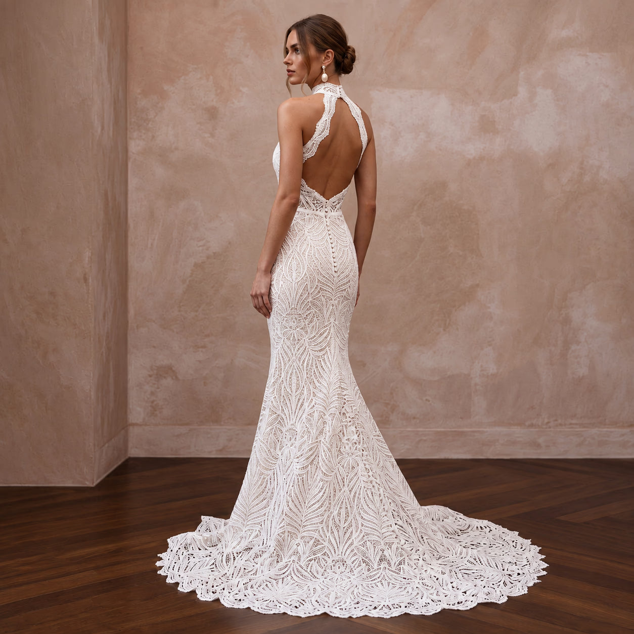 Ivory Guipure Lace High Neck Halter Mermaid Dress for Tropical Vows Secondary image