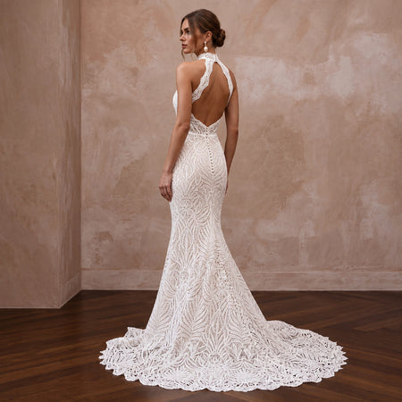 Ivory Guipure Lace High Neck Halter Mermaid Dress for Tropical Vows