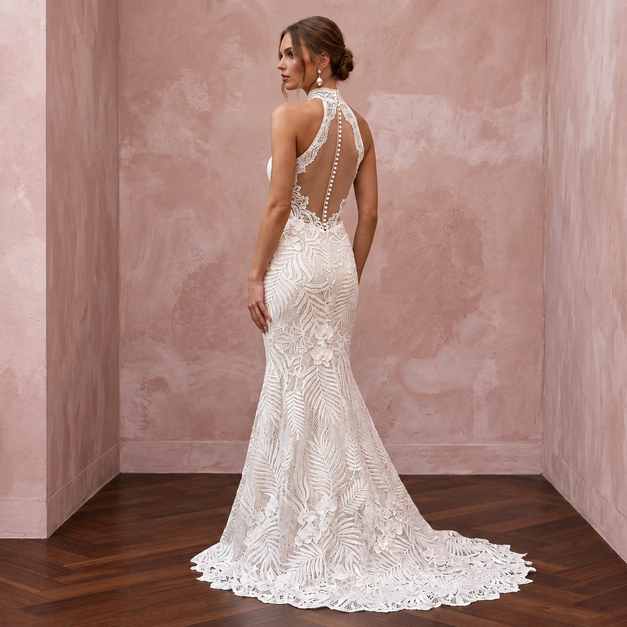 Ivory Guipure Lace High Neck Halter Mermaid Dress for Tropical Vows Secondary image