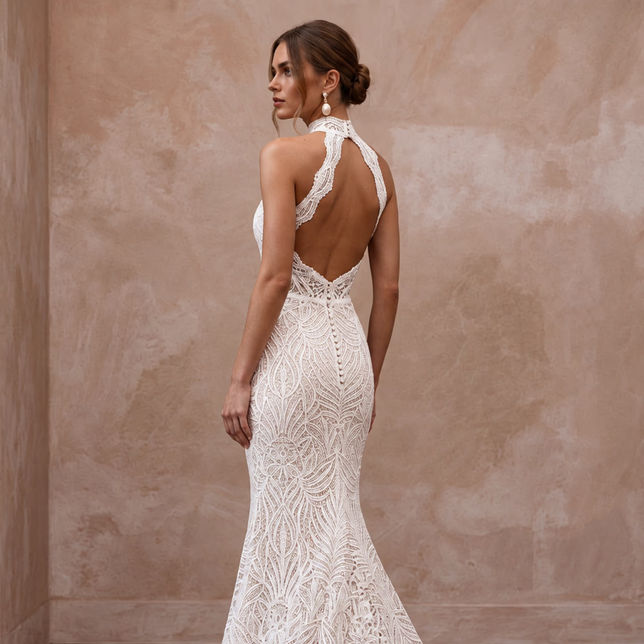 Ivory Guipure Lace High Neck Halter Mermaid Dress for Tropical Vows