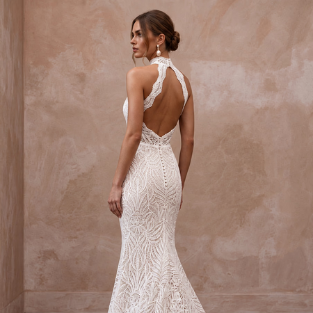 Ivory Guipure Lace High Neck Halter Mermaid Dress for Tropical Vows