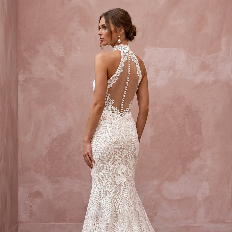 Ivory Guipure Lace High Neck Halter Mermaid Dress for Tropical Vows