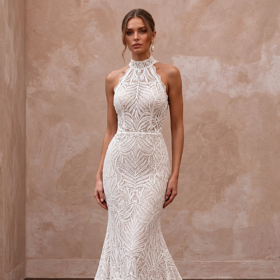 Ivory Guipure Lace High Neck Halter Mermaid Dress for Tropical Vows