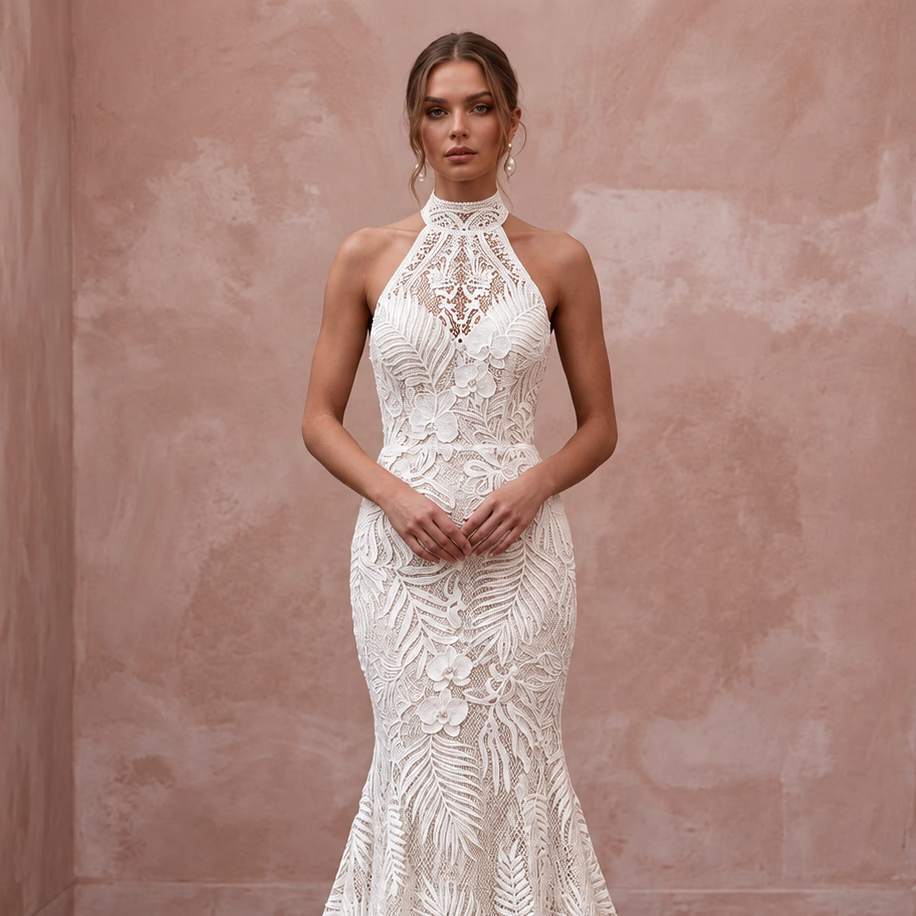 Ivory Guipure Lace High Neck Halter Mermaid Dress for Tropical Vows
