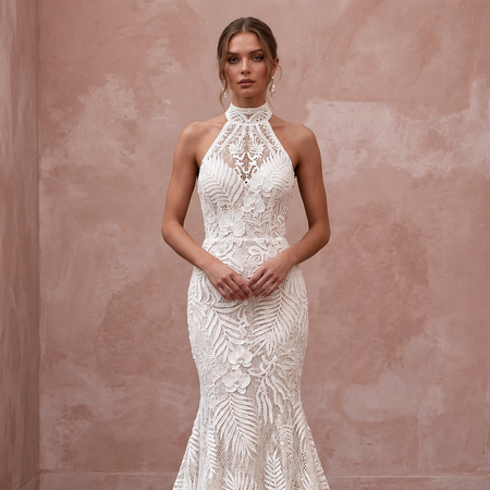 Ivory Guipure Lace High Neck Halter Mermaid Dress for Tropical Vows