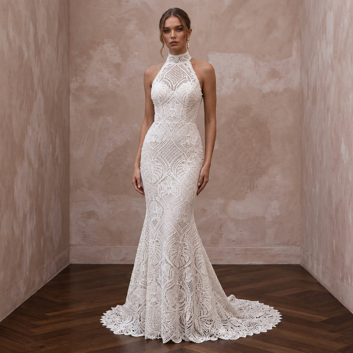 Ivory Guipure Lace High Neck Halter Mermaid Gown for Tropical Elopement Main image