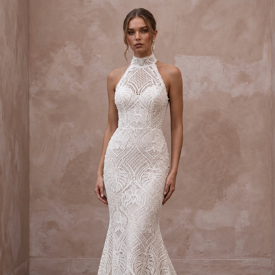 Ivory Guipure Lace High Neck Halter Mermaid Gown for Tropical Elopement