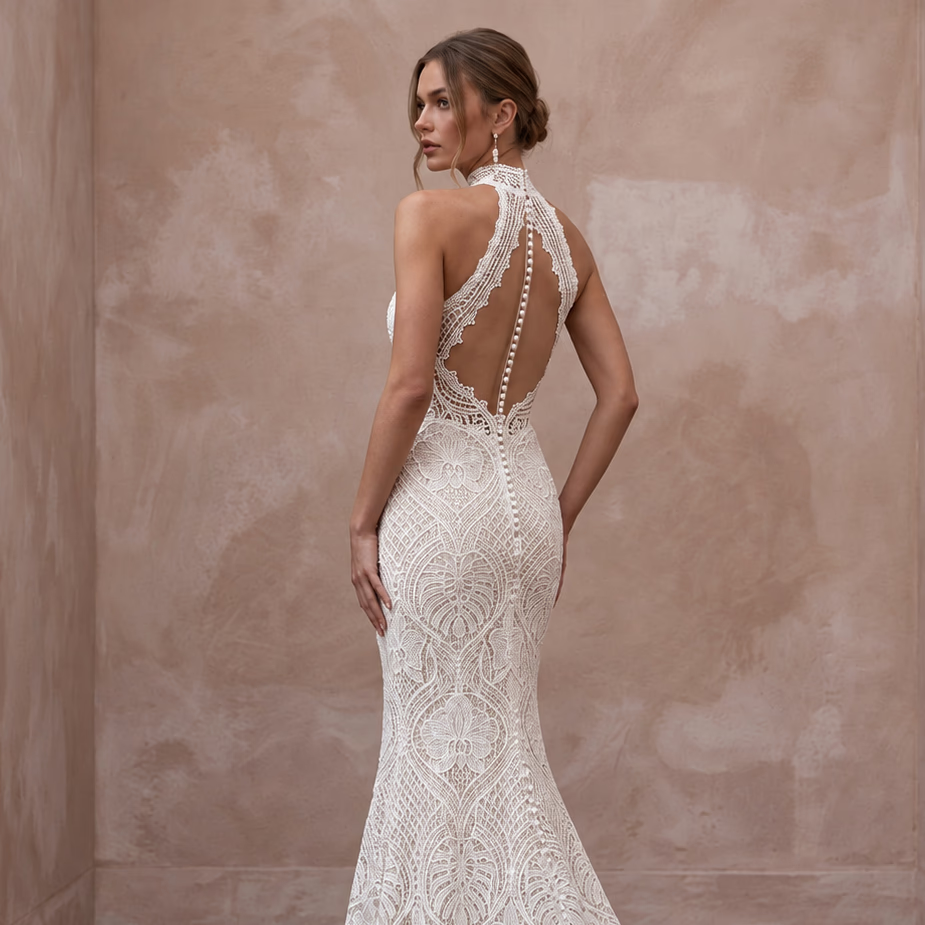 Ivory Guipure Lace High Neck Halter Mermaid Gown for Tropical Elopement