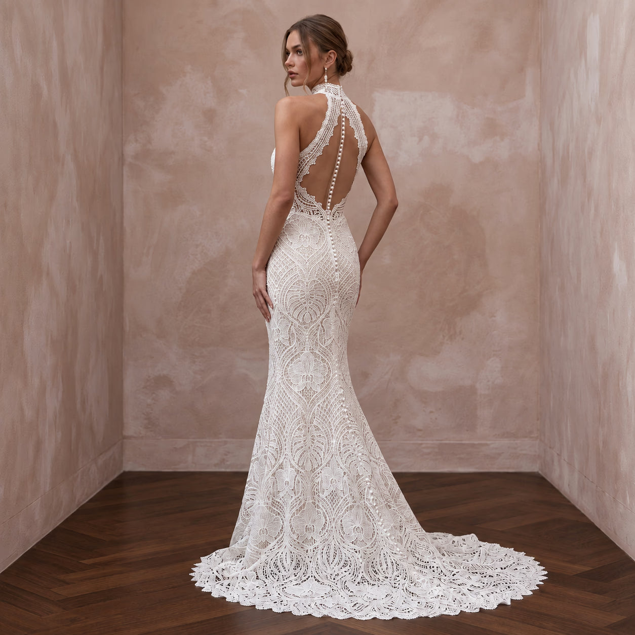 Ivory Guipure Lace High Neck Halter Mermaid Gown for Tropical Elopement Secondary image
