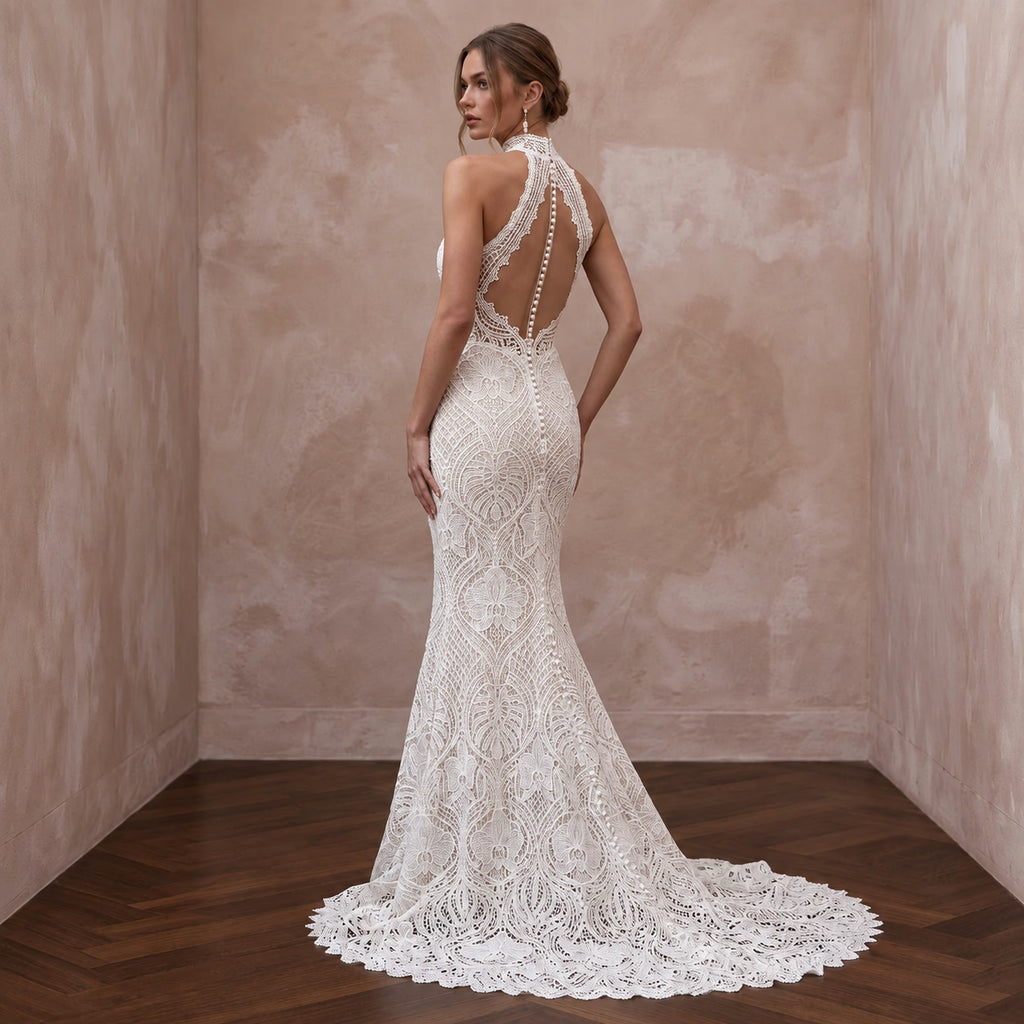 Ivory Guipure Lace High Neck Halter Mermaid Gown for Tropical Elopement