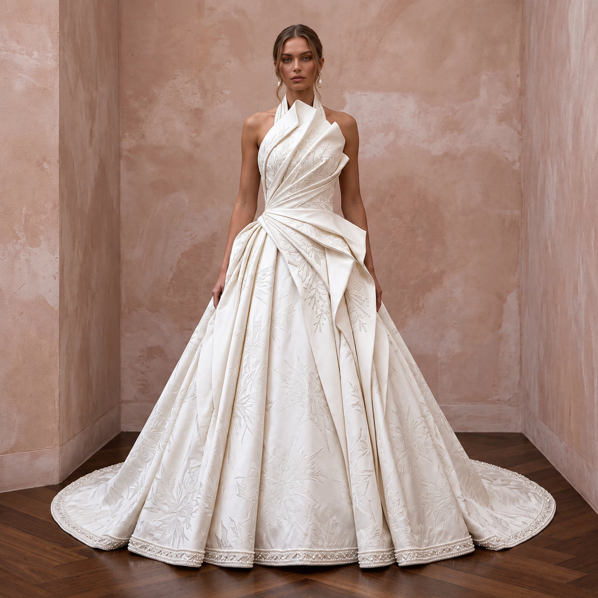 Ivory Heavy Silk Sculptural Pleated Ball Gown for Winter Wedding