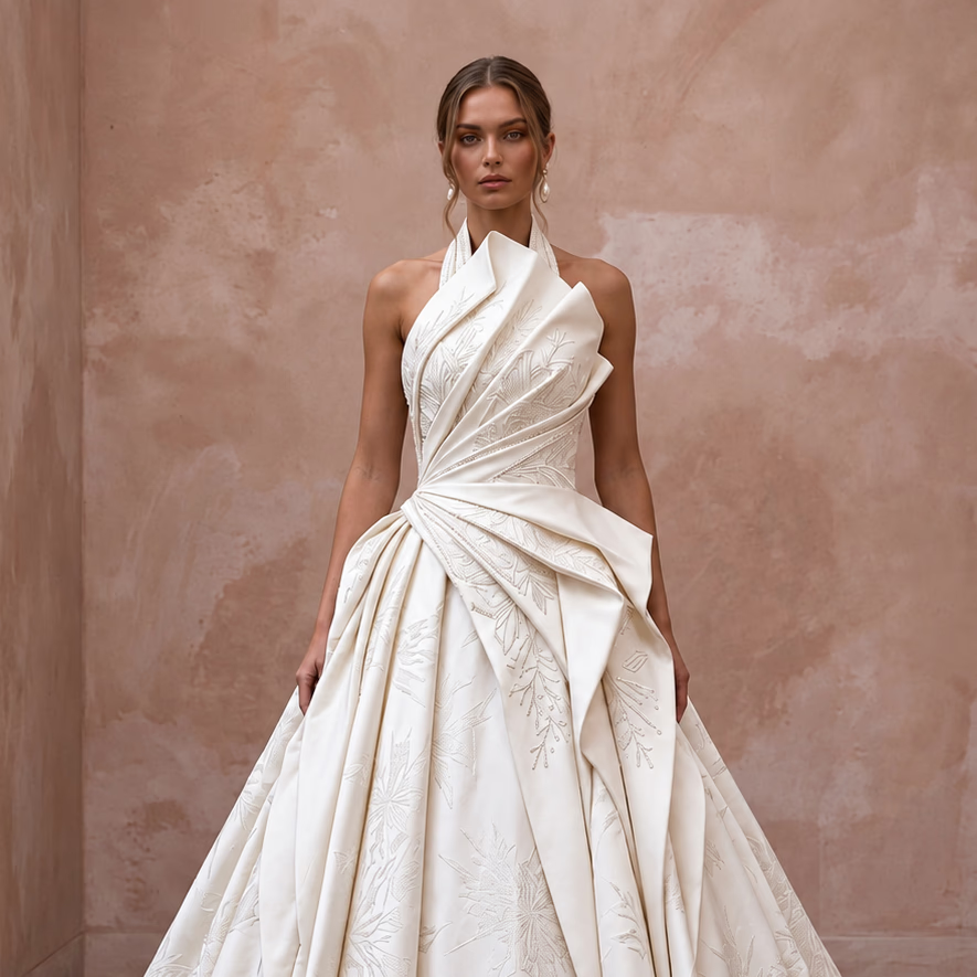 Ivory Heavy Silk Sculptural Pleated Ball Gown for Winter Wedding