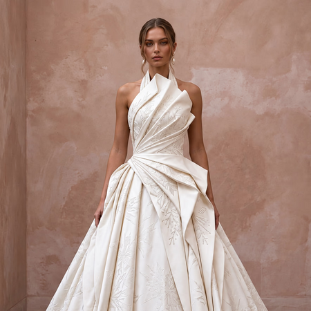 Ivory Heavy Silk Sculptural Pleated Ball Gown for Winter Wedding