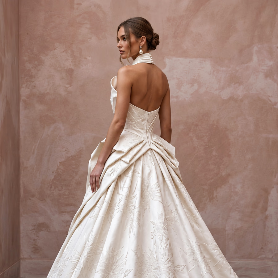 Ivory Heavy Silk Sculptural Pleated Ball Gown for Winter Wedding