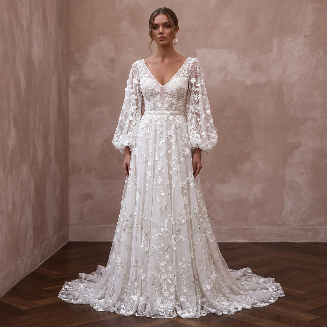 Ivory Lace Bridal Dress with Bell Sleeves for a Garden Wedding