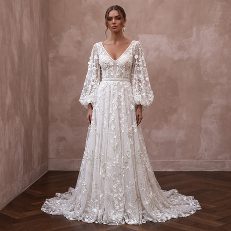 Ivory Lace Bridal Dress with Bell Sleeves for a Garden Wedding