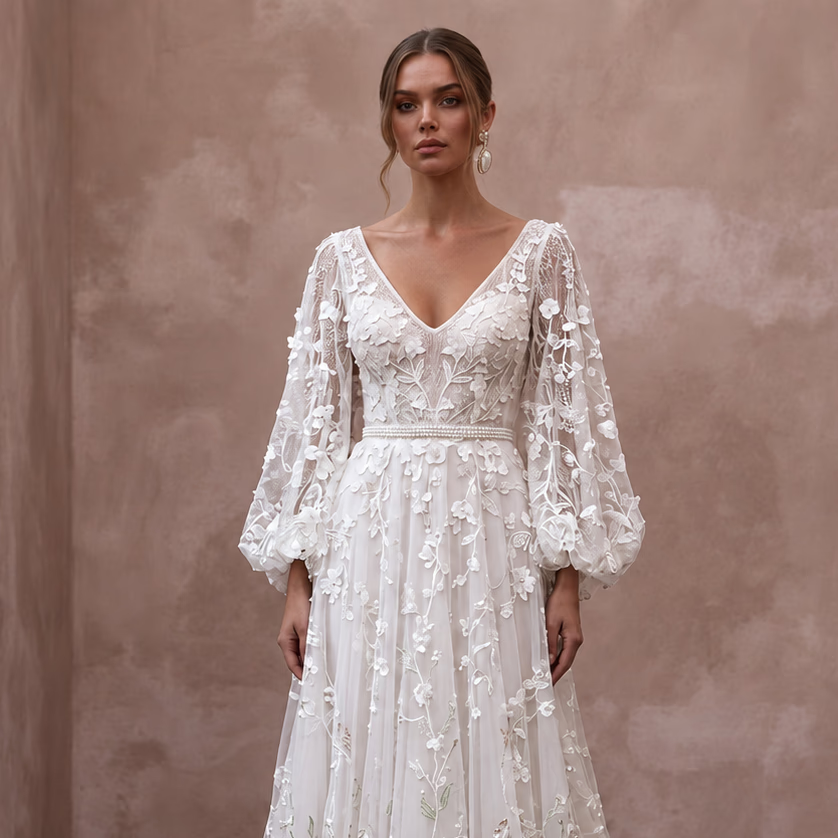 Ivory Lace Bridal Dress with Bell Sleeves for a Garden Wedding