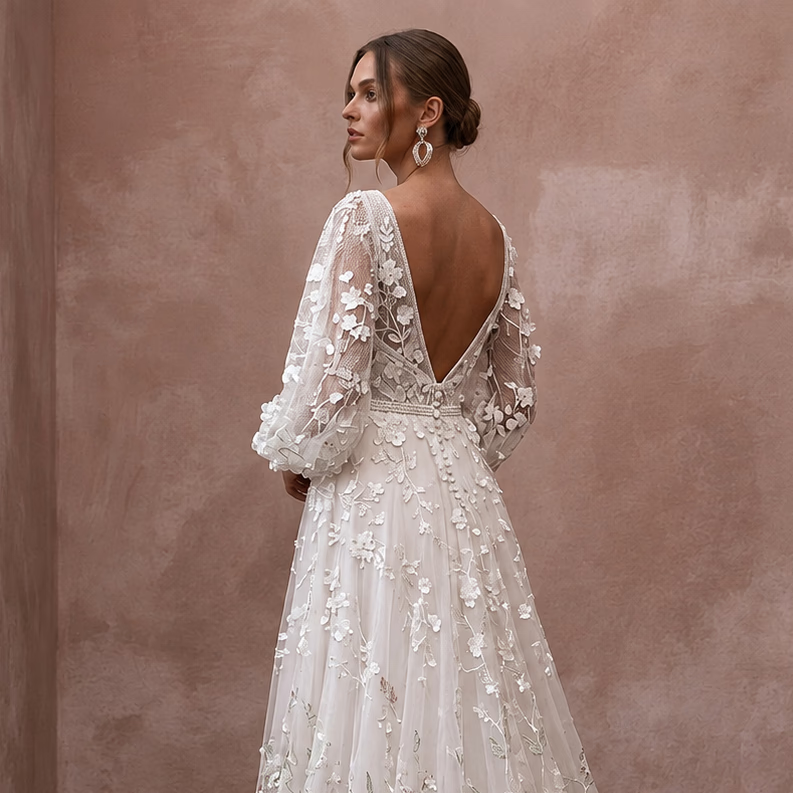 Ivory Lace Bridal Dress with Bell Sleeves for a Garden Wedding