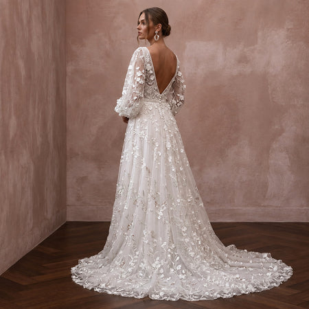 Ivory Lace Bridal Dress with Bell Sleeves for a Garden Wedding