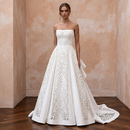 Ivory Laser - Cut Faille Strapless A - Line Modern Architectural Wedding Gown - Apparel & Accessories > Clothing > Wedding & Bridal Party Dresses > Wedding Dresses - Mignonette Bridal