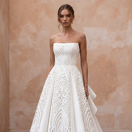 Ivory Laser - Cut Faille Strapless A - Line Modern Architectural Wedding Gown - Apparel & Accessories > Clothing > Wedding & Bridal Party Dresses > Wedding Dresses - Mignonette Bridal