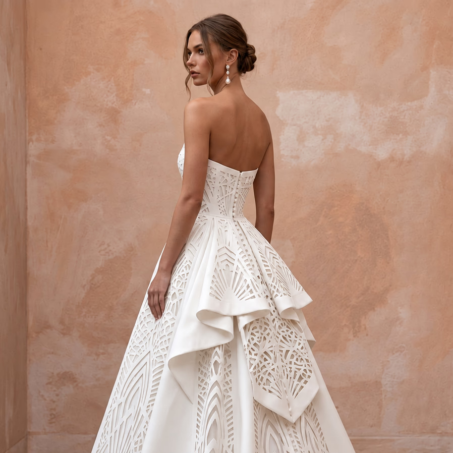 Ivory Laser - Cut Faille Strapless A - Line Modern Architectural Wedding Gown - Apparel & Accessories > Clothing > Wedding & Bridal Party Dresses > Wedding Dresses - Mignonette Bridal