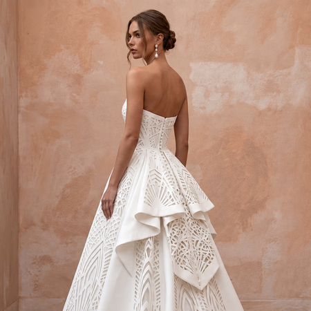 Ivory Laser - Cut Faille Strapless A - Line Modern Architectural Wedding Gown - Apparel & Accessories > Clothing > Wedding & Bridal Party Dresses > Wedding Dresses - Mignonette Bridal