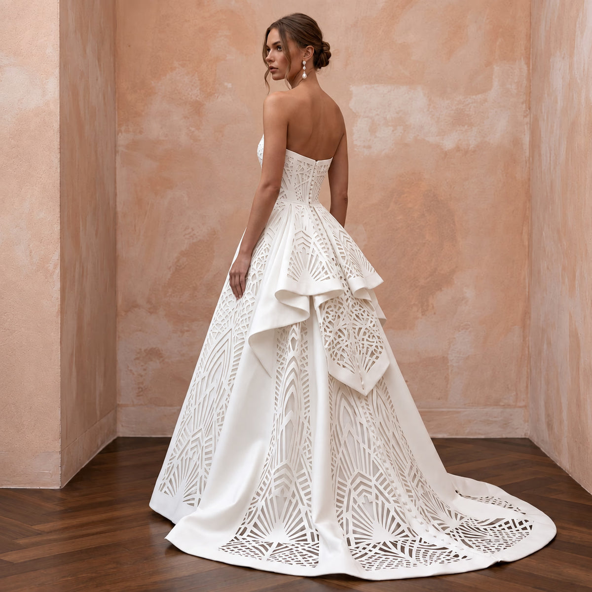 Ivory Laser - Cut Faille Strapless A - Line Modern Architectural Wedding Gown - Apparel & Accessories > Clothing > Wedding & Bridal Party Dresses > Wedding Dresses - Mignonette Bridal
