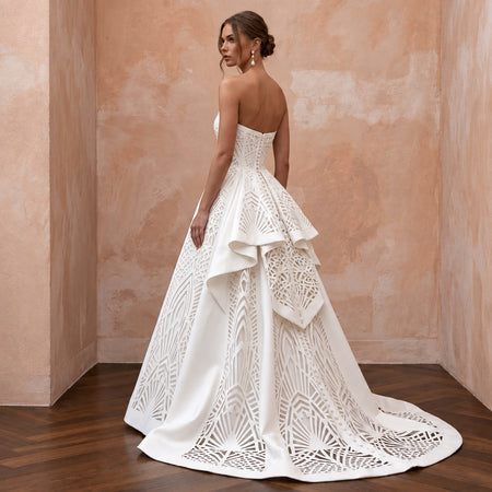 Ivory Laser - Cut Faille Strapless A - Line Modern Architectural Wedding Gown - Apparel & Accessories > Clothing > Wedding & Bridal Party Dresses > Wedding Dresses - Mignonette Bridal