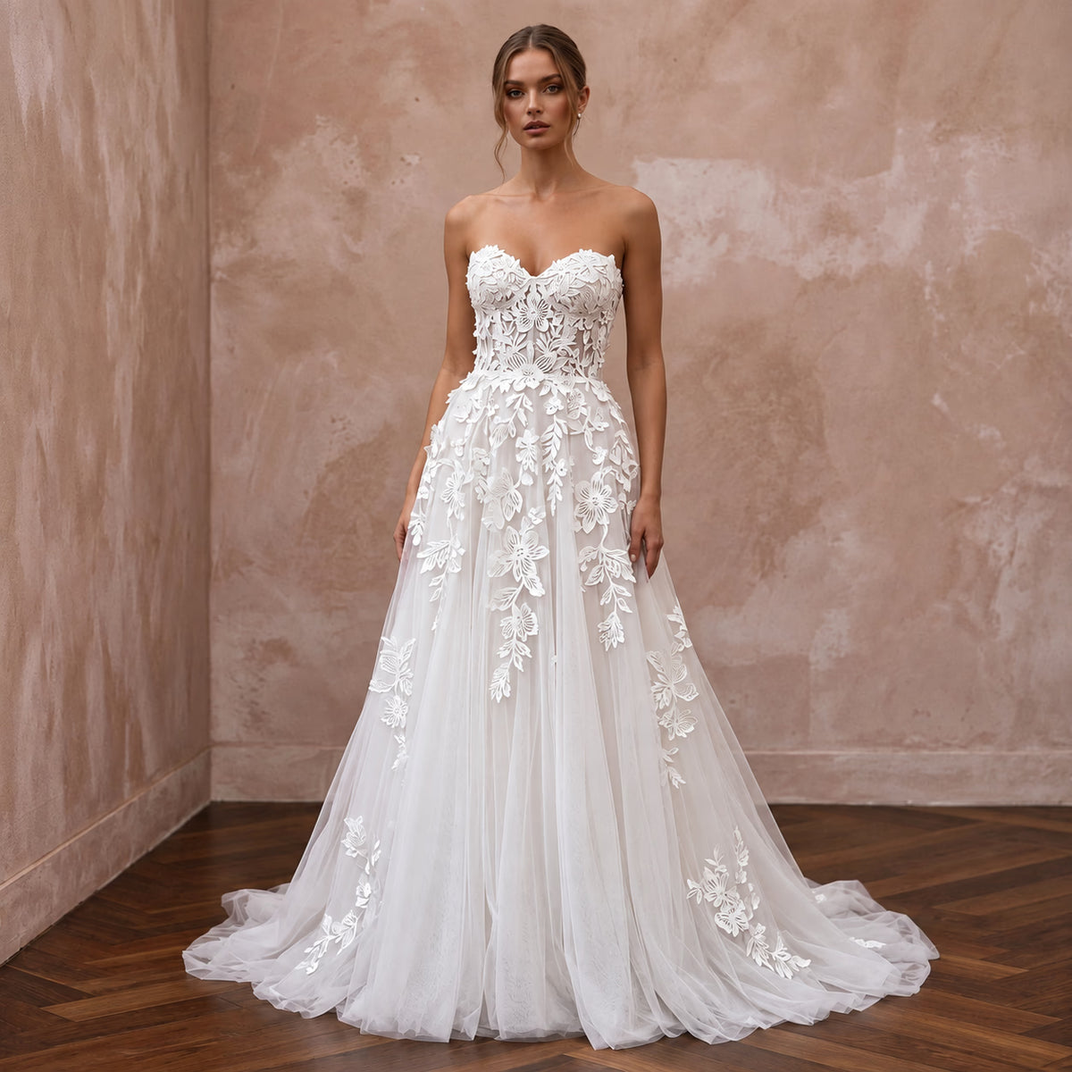 Ivory Laser - Cut Floral Applique Tulle Sweetheart A - Line Gown - Apparel & Accessories > Clothing > Wedding & Bridal Party Dresses > Wedding Dresses - Mignonette Bridal