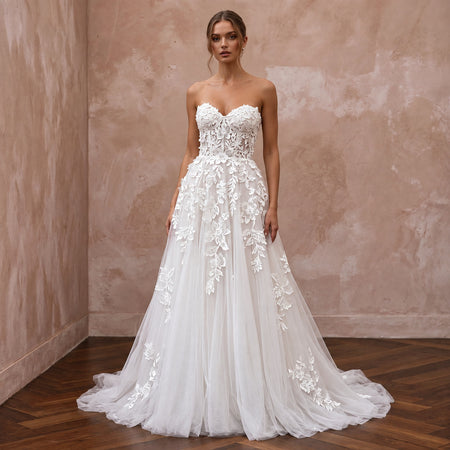 Ivory Laser - Cut Floral Applique Tulle Sweetheart A - Line Gown - Apparel & Accessories > Clothing > Wedding & Bridal Party Dresses > Wedding Dresses - Mignonette Bridal