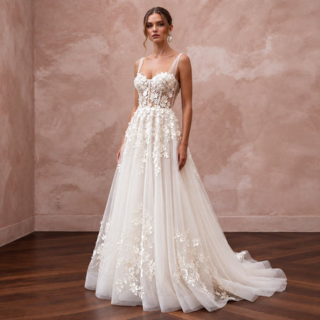 Ivory Laser - Cut Floral Applique Tulle Sweetheart A - Line Gown - Apparel & Accessories > Clothing > Wedding & Bridal Party Dresses > Wedding Dresses - Mignonette Bridal