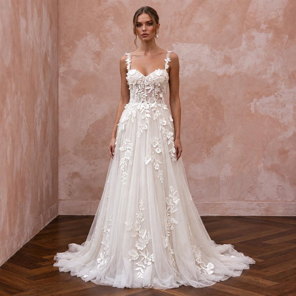 Ivory Laser-Cut Floral Applique Tulle Sweetheart A-Line Gown