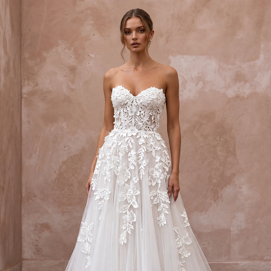 Ivory Laser - Cut Floral Applique Tulle Sweetheart A - Line Gown - Apparel & Accessories > Clothing > Wedding & Bridal Party Dresses > Wedding Dresses - Mignonette Bridal