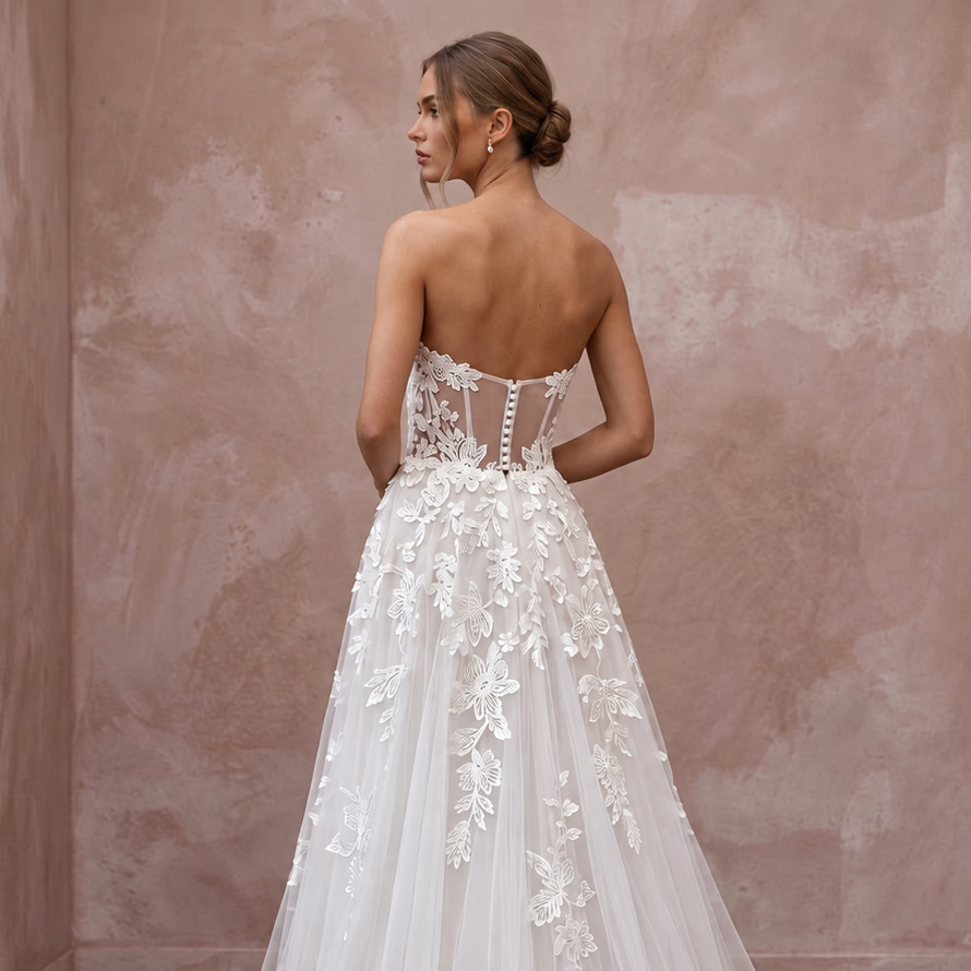 Ivory Laser - Cut Floral Applique Tulle Sweetheart A - Line Gown - Apparel & Accessories > Clothing > Wedding & Bridal Party Dresses > Wedding Dresses - Mignonette Bridal