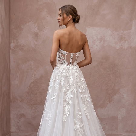 Ivory Laser - Cut Floral Applique Tulle Sweetheart A - Line Gown - Apparel & Accessories > Clothing > Wedding & Bridal Party Dresses > Wedding Dresses - Mignonette Bridal